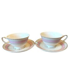 NEW Grace Teaware Porcelain Pink Stripe Gold Dots Teacup & Saucer Set of 2